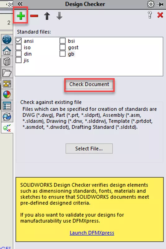 Check Document Option SOLIDWORKS Design Checker 