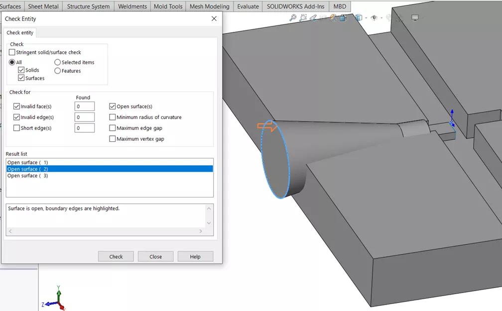 SOLIDWORKS Check Entity Results 