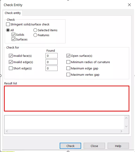 Results List SOLIDWORKS Check Entity Tool 