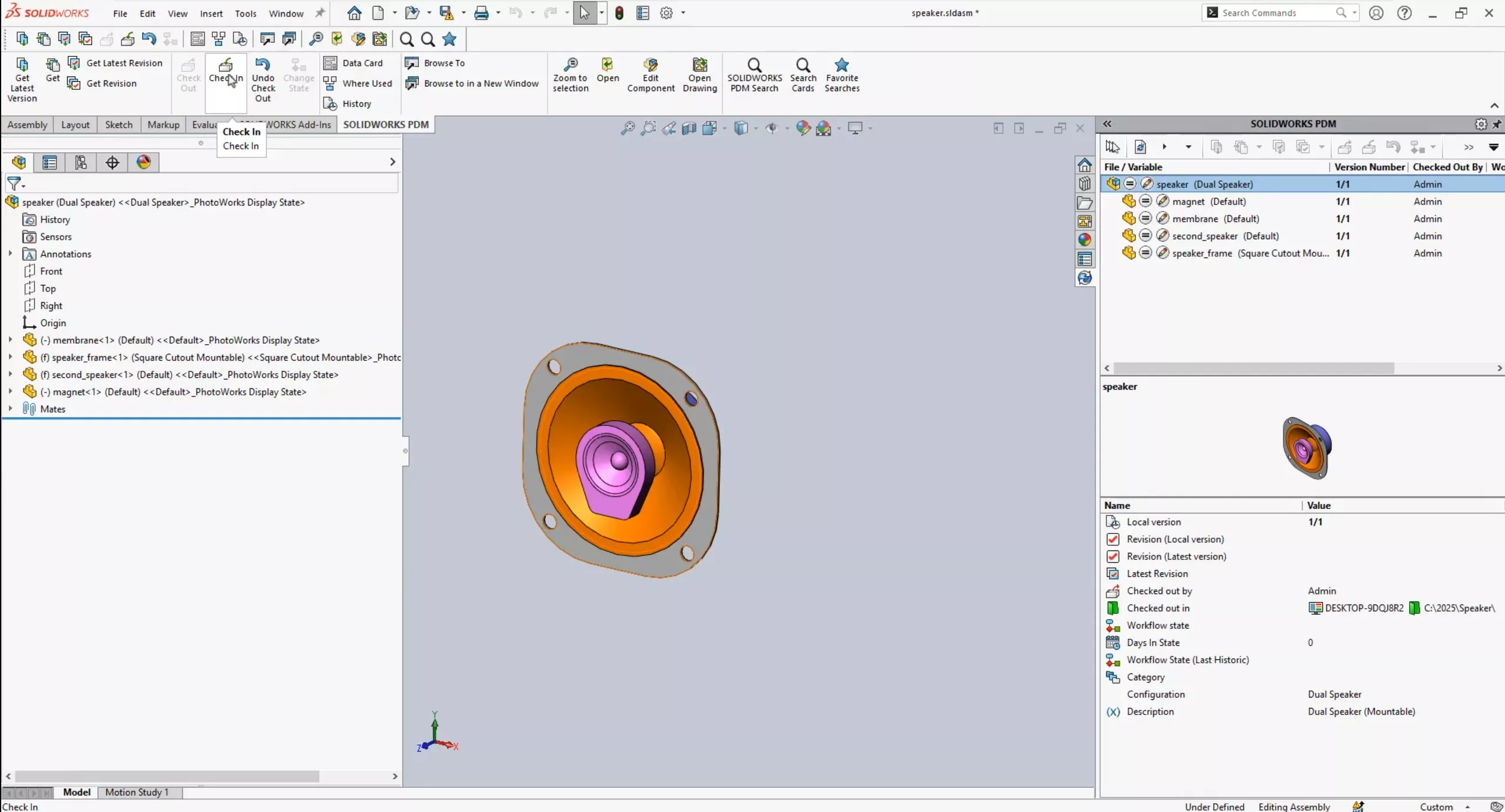 Check in an Assembly in SOLIDWORKS PDM 2025