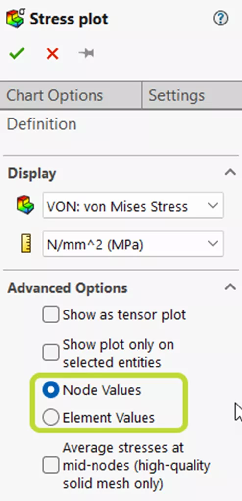 Node Values and Element Values Radio Buttons in Advanced Options in SOLIDWORKS Simulation
