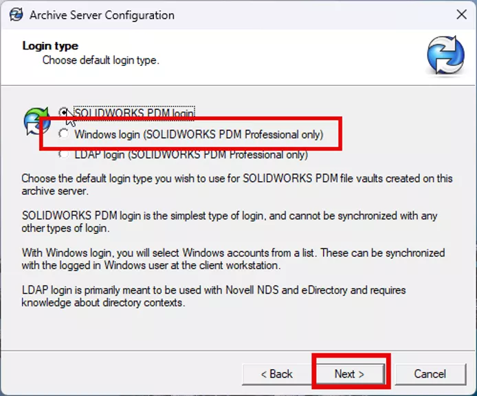 Choose Login Type in the SOLIDWORKS PDM Archive Server Configuration 