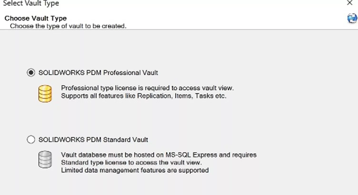 Choose New Vault Type in SOLIDWORKS PDM 