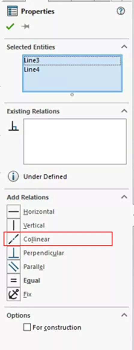 Add a Collinear Relation in SOLIDWORKS