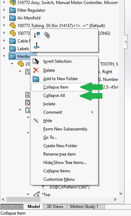 Collapse All SOLIDWORKS FeatureManager