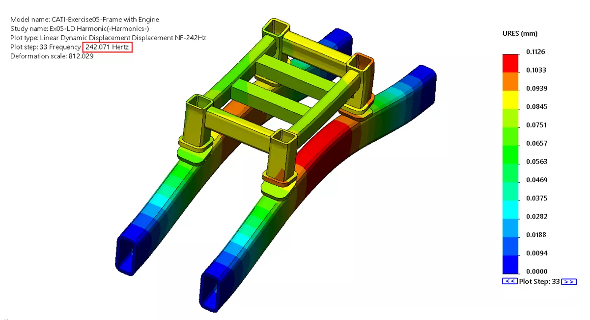 Displacement plots at certain frequencies on a SOLIDWORKS Simulation Premium Model 