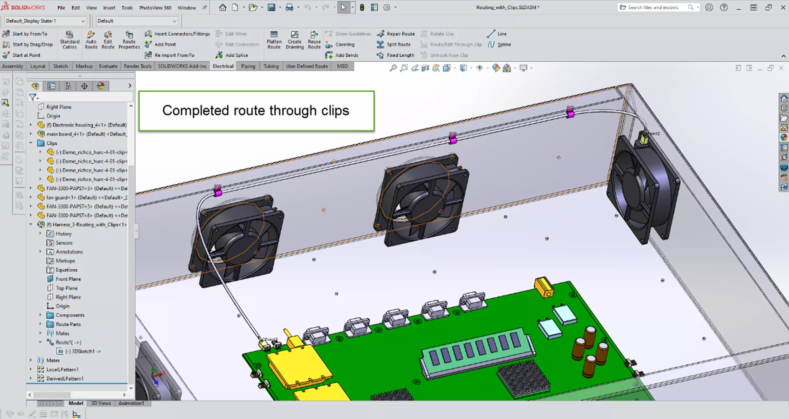 Completed Route Through Clips in SOLIDWORKS 