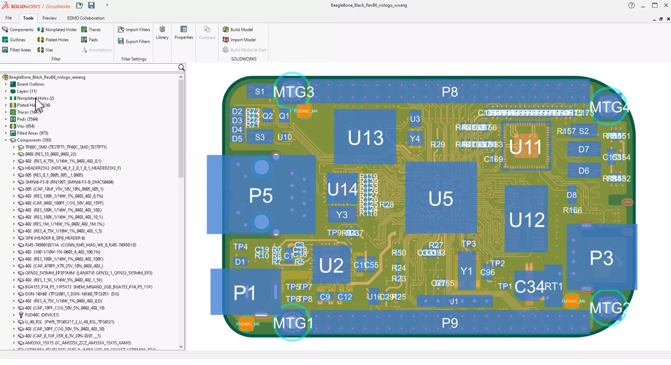 Complex Circuit Board Model in SOLIDWORKS CircuitWorks 2025