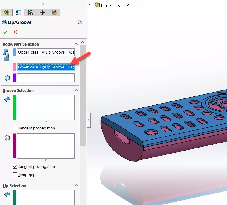 Component Selection SOLIDWORKS Lip/Groove Feature