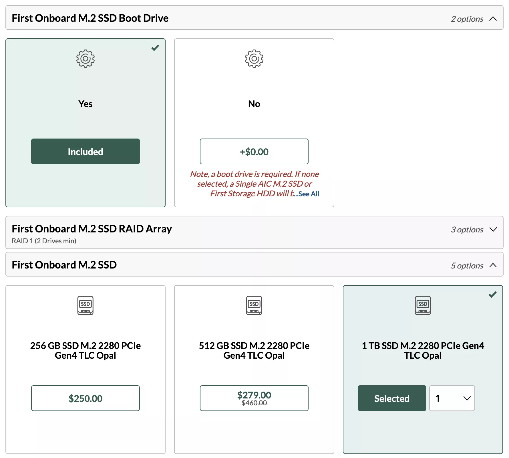 The SSD section of a system configurator.