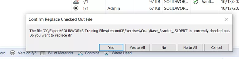 SOLIDWORKS PDM Confirm Replacement of Checked Out File