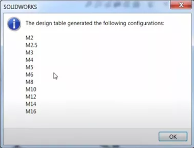 SOLIDWORKS Design Table Generated the Following Configurations Window