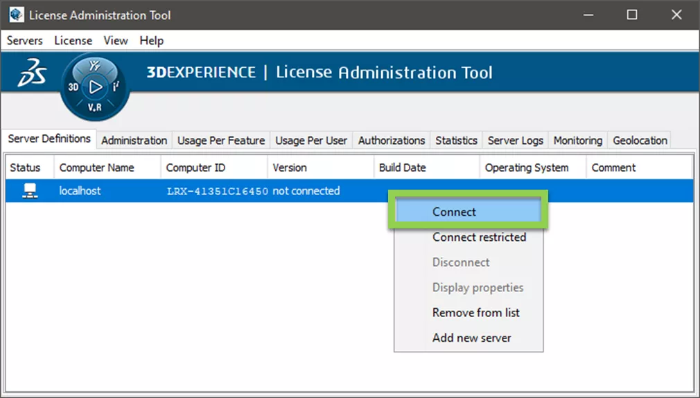 Connect 3DEXPERIENCE in License Admin Tool 
