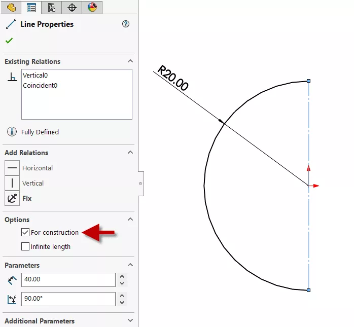 Set the centerline of the semi-circle as "for construction" to use it in a revolve.