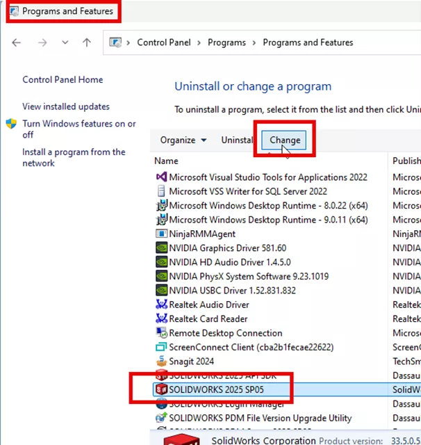 Change SOLIDWORKS Installation in Control Panel