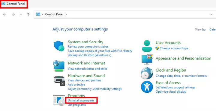 Uninstall a Program Option in the Control Panel