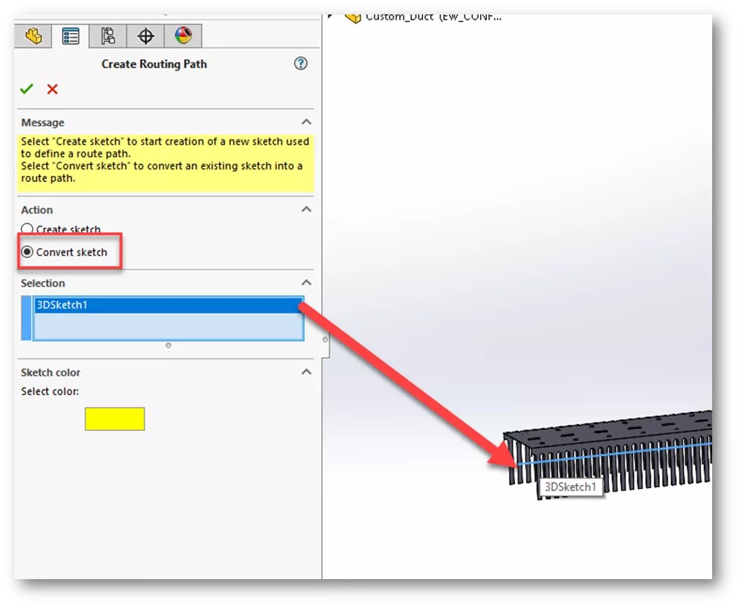 Convert Sketch Option in SOLIDWORKS Electrical for New Duct Creation 
