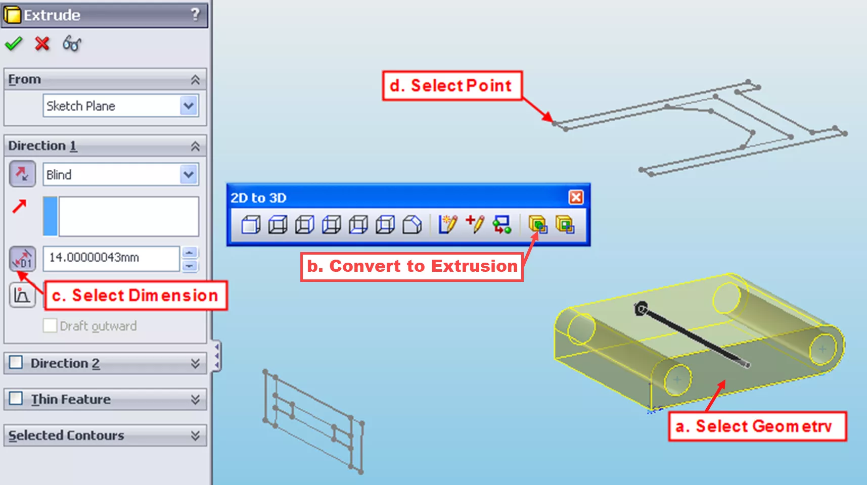 Convert to Extrusion SOLIDWORKS 2D to 3D Toolbar