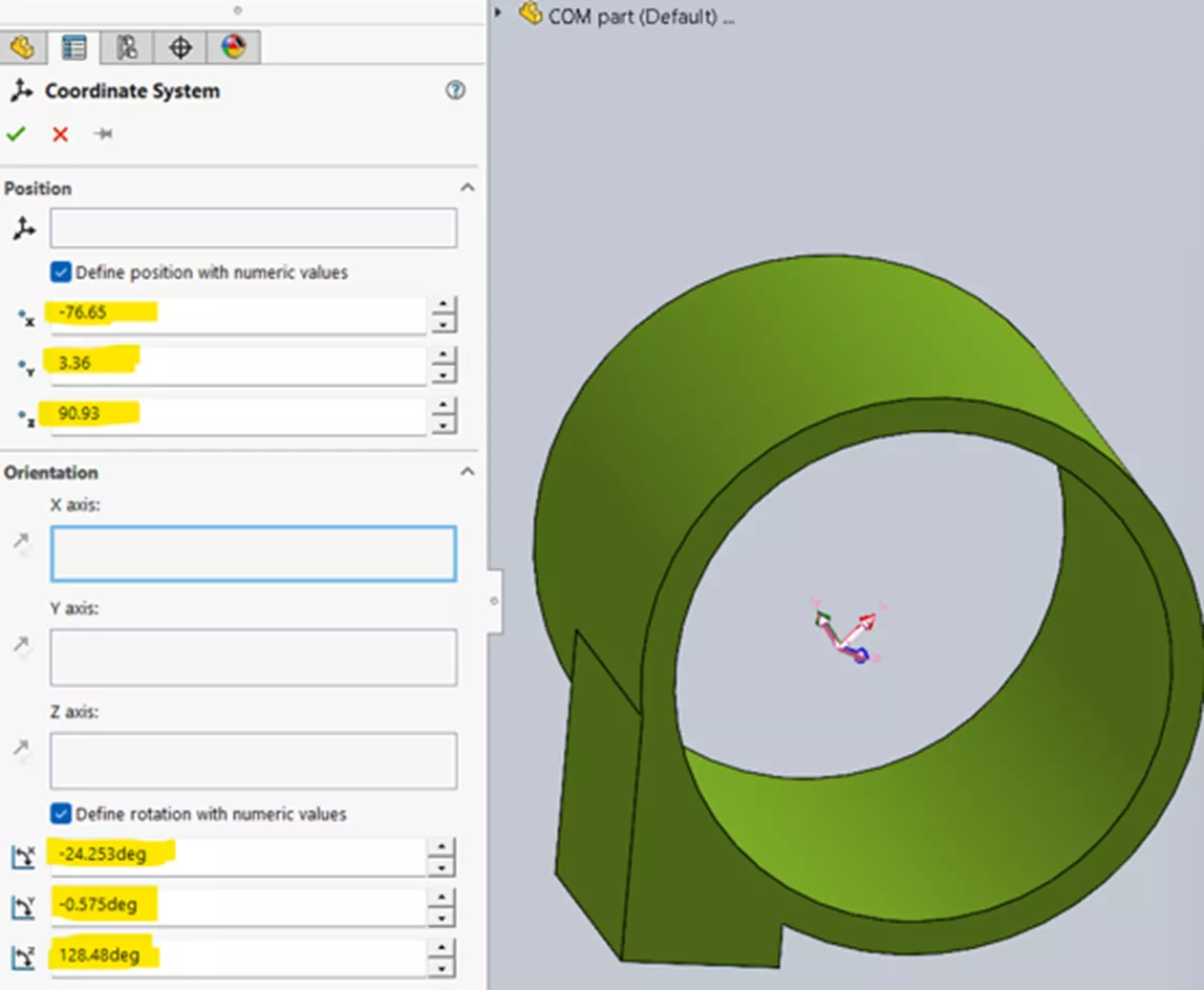 SOLIDWORKS Coordinate System PropertyManager