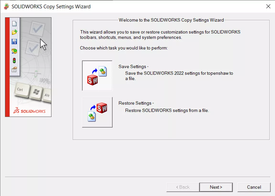 SOLIDWORKS Copy Settings Wizard Options