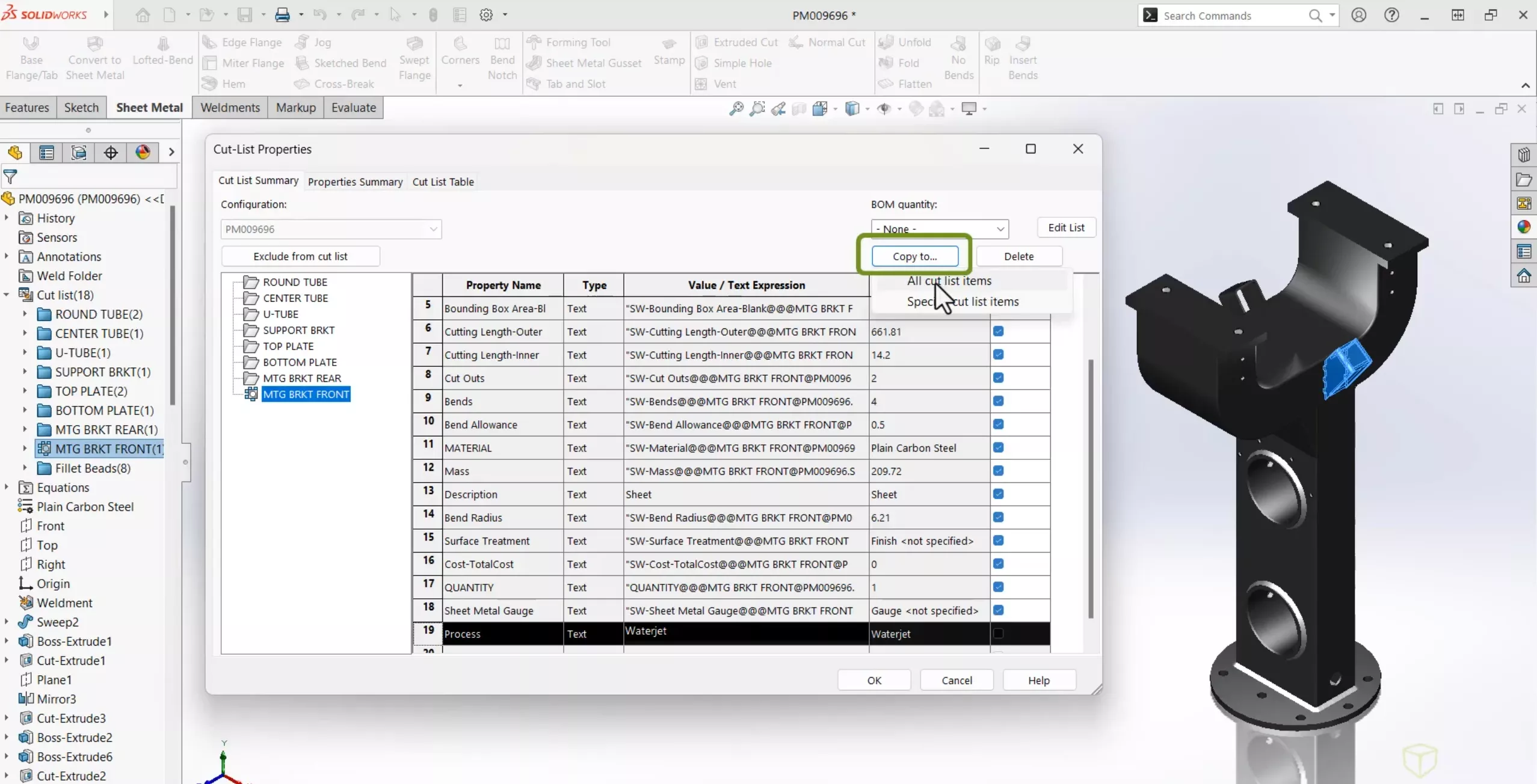 Copy to All Cut List Items SOLIDWORKS Sheet Metal 