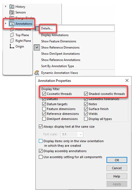 Cosmetic Threads Annotation Properties in SOLIDWORKS