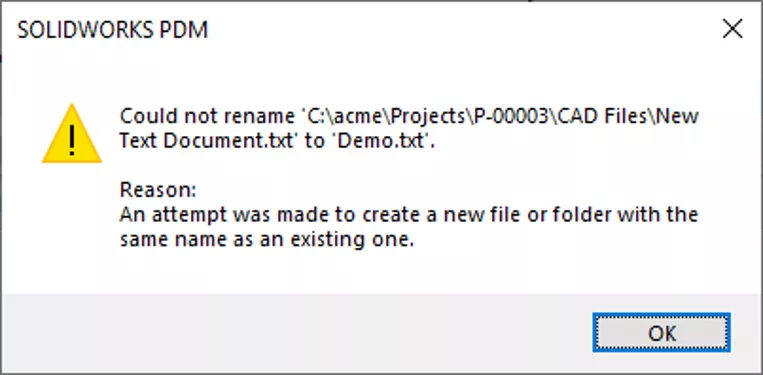 SOLIDWORKS PDM Error Could Not Rename 