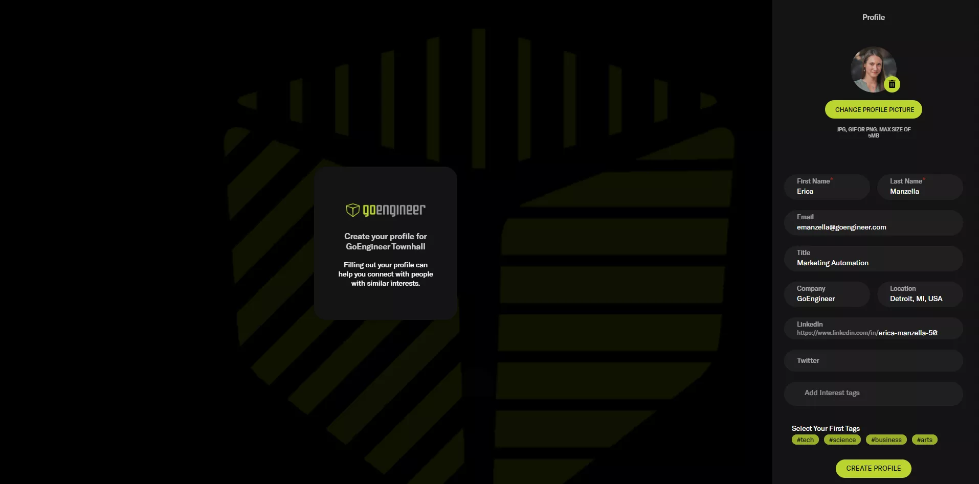 Create a profile for a GoEngineer Virtual Event