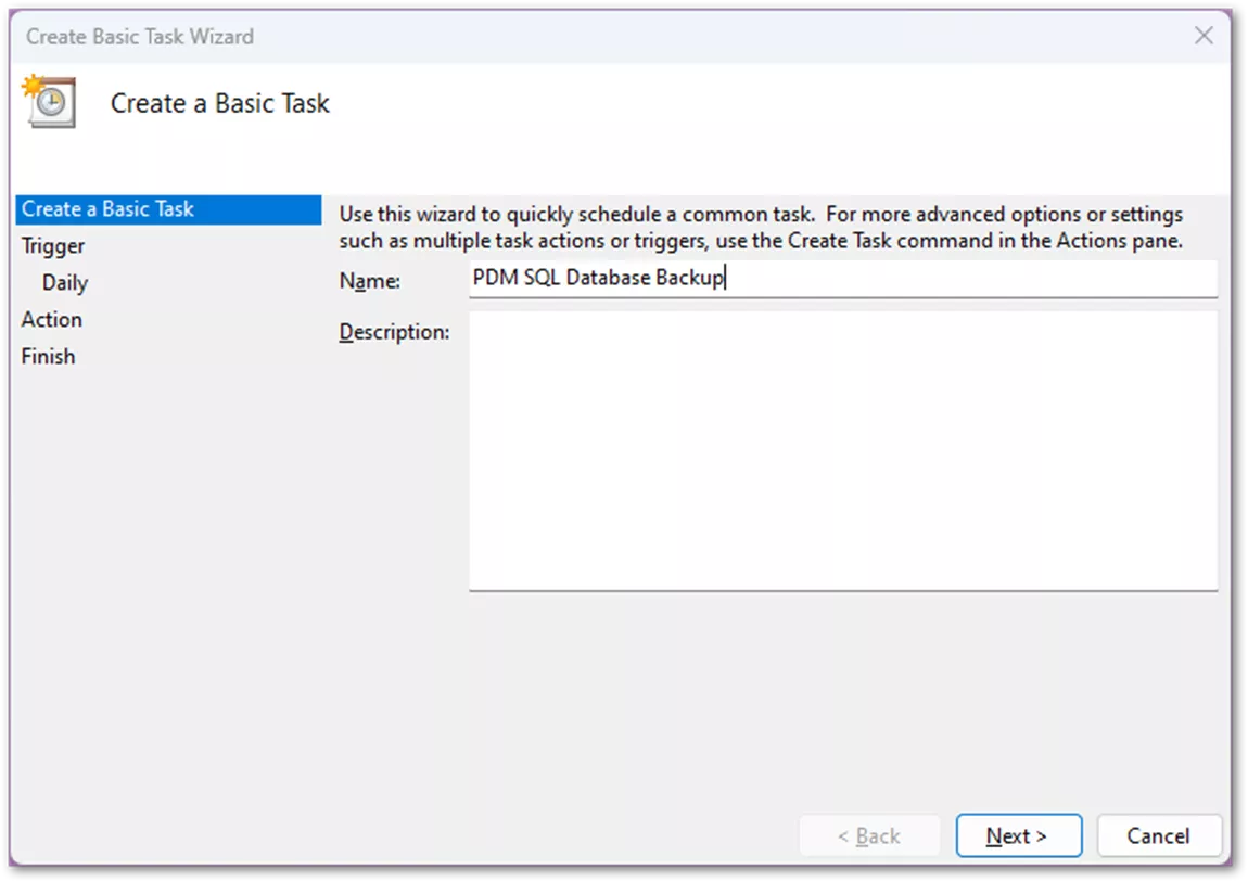 Create Basic Task Wizard SOLIDWORKS PDM Standard Database Backup