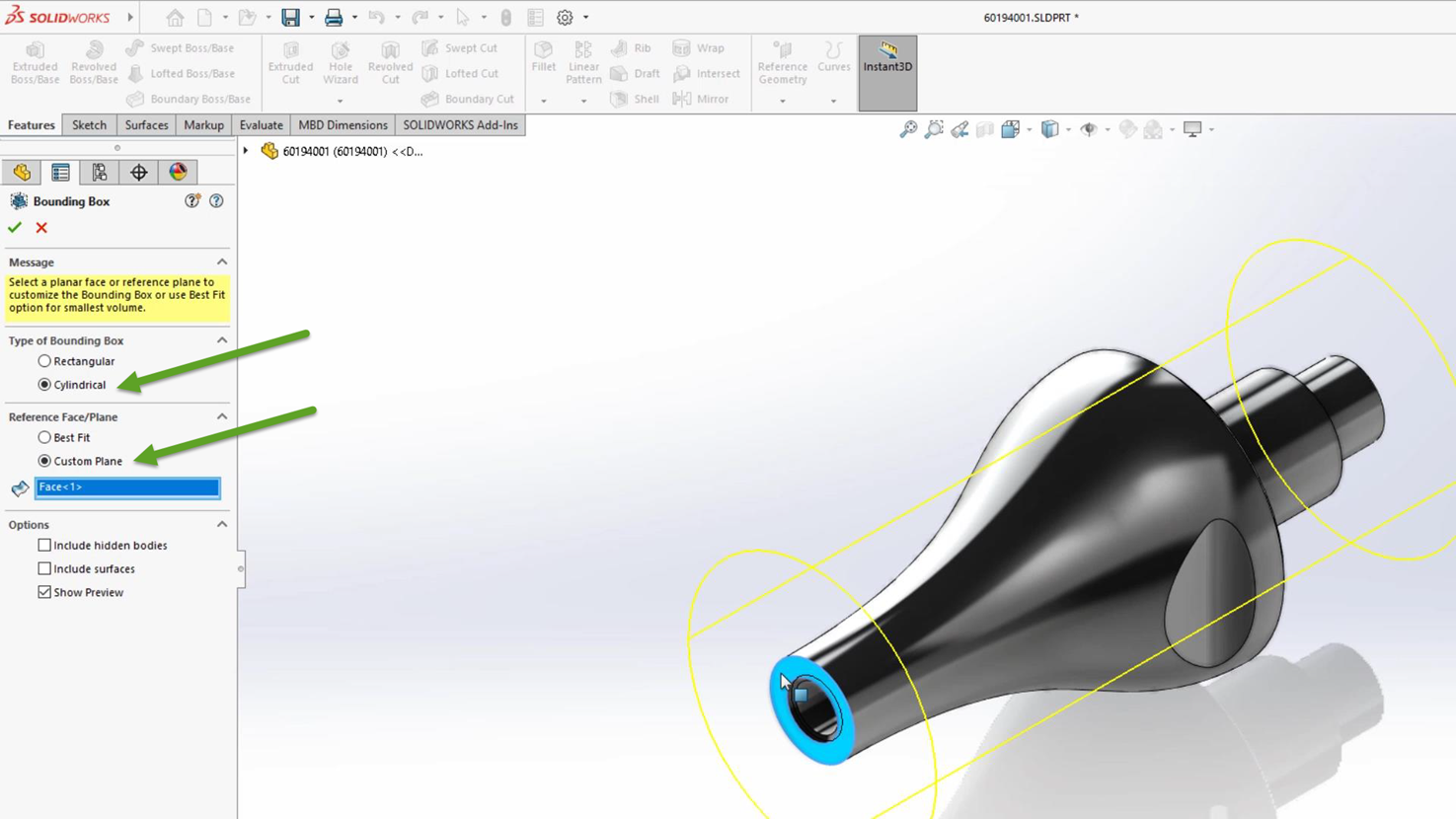 What S New SOLIDWORKS 2024 Sketches Features Multi Body Parts More   Create Cylindrical Bounding Box Solidworks 2024 