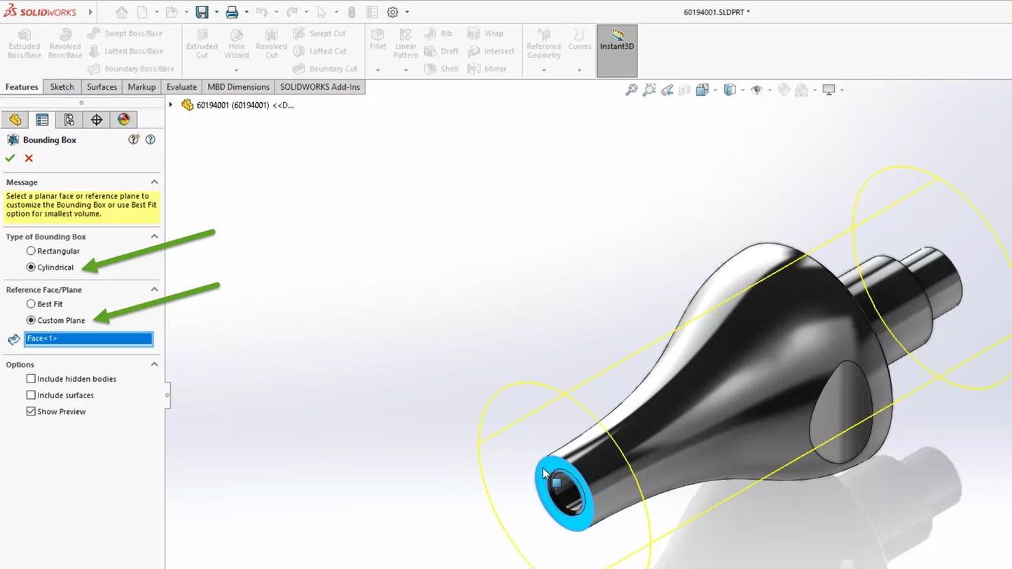 Create Cylindrical Bounding Box in SOLIDWORKS 