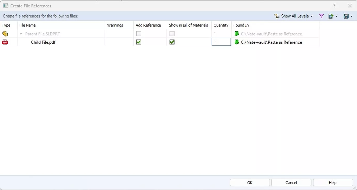 SOLIDWORKS PDM Create File References Dialog