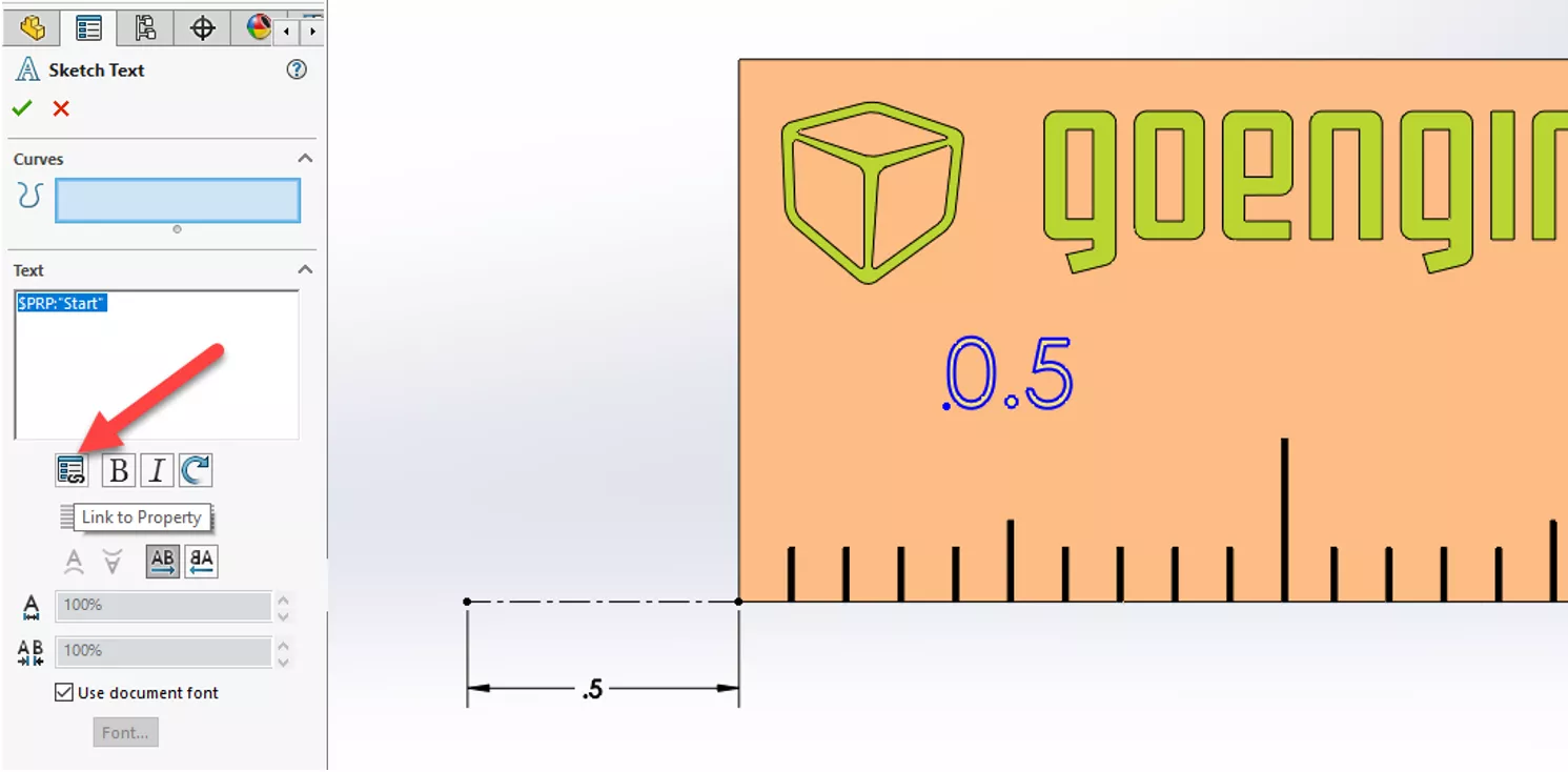 SOLIDWORKS Sketch Text Link to Property