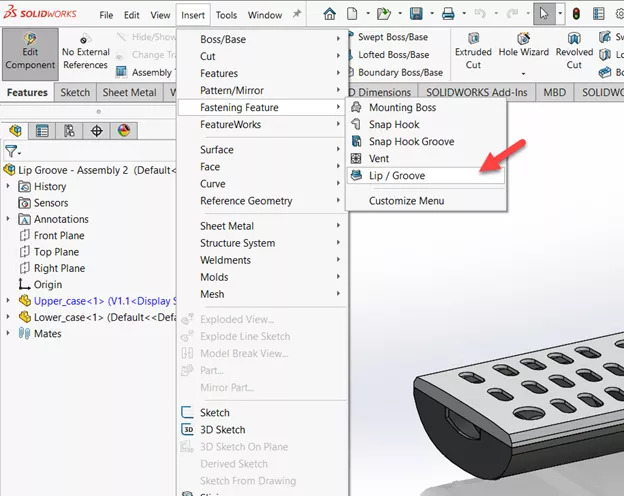 Access the Lip/Groove Feature in SOLIDWORKS