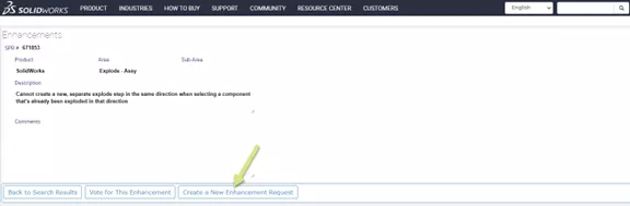 Create new Enhancement Request Button SOLIDWORKS Customer Portal 