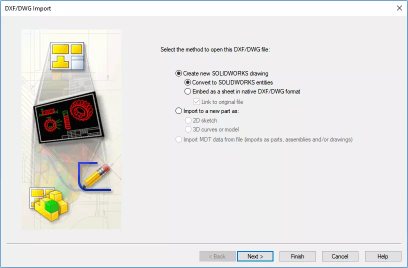 DXF/DWG Import Create New SOLIDWORKS Drawing Option 