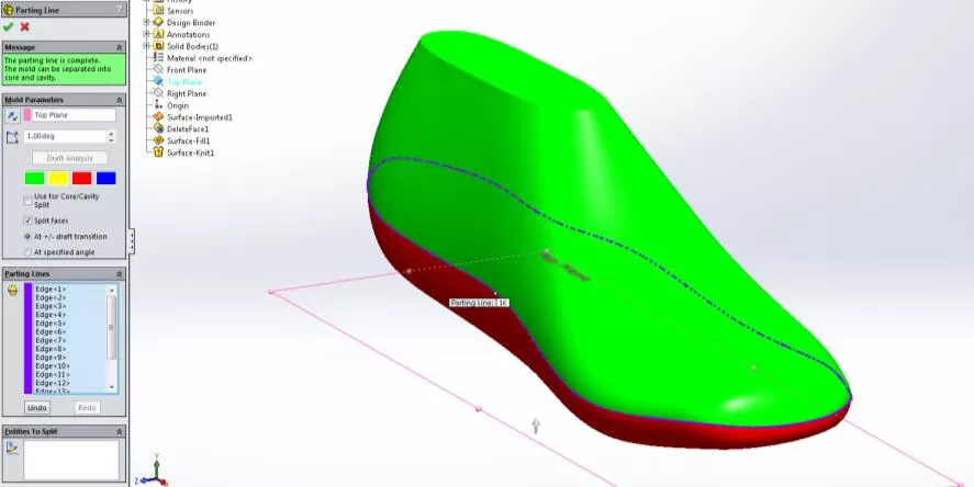 Parting Line creation via SOLIDWORKS Parting Lines tool