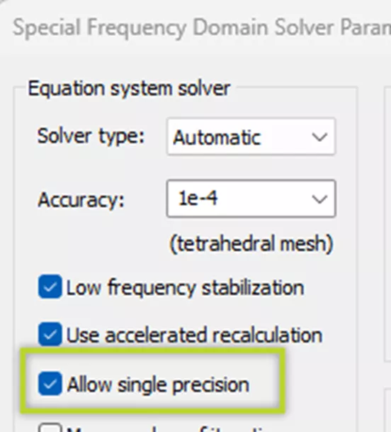 Improved direct solver accuracy control, single precision option in the solver special settings for CST Studio Suite 2024