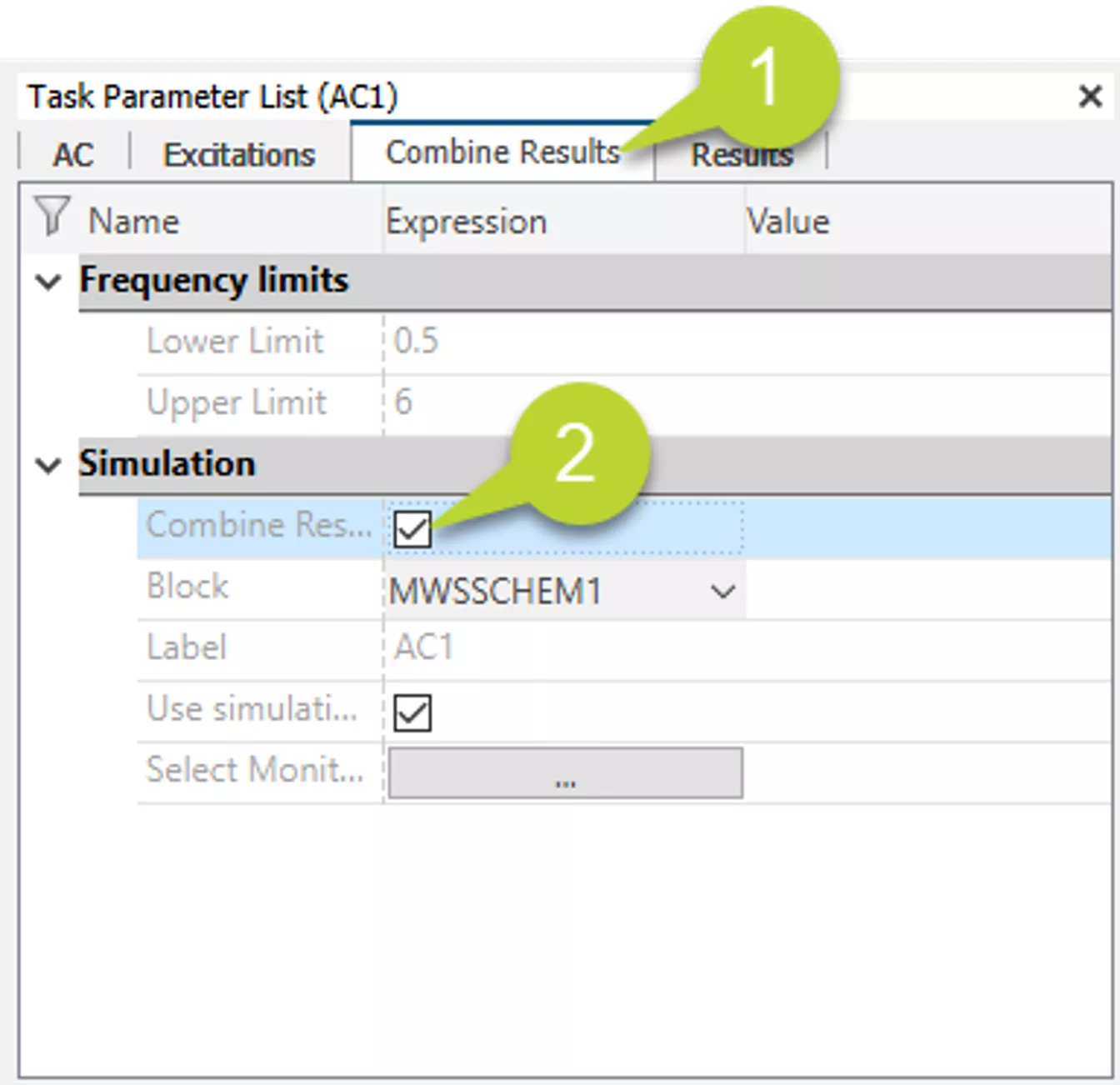 CST Studio Suite Combine Results Tab