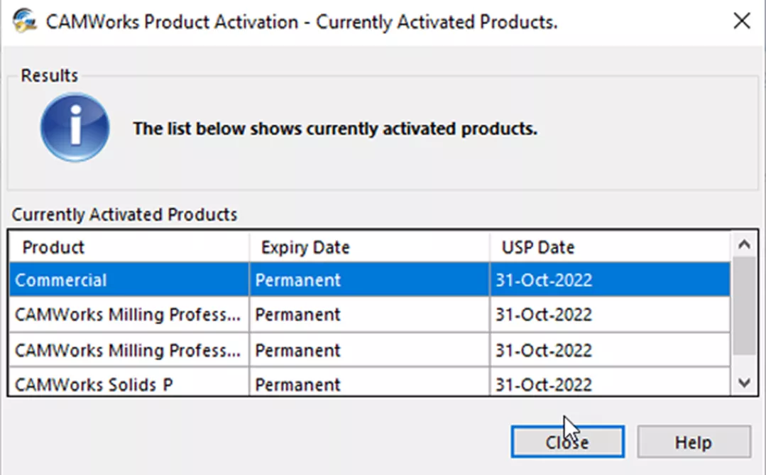 CAMWorks Product Activation- Currently Activated Products Standalone FNO License 