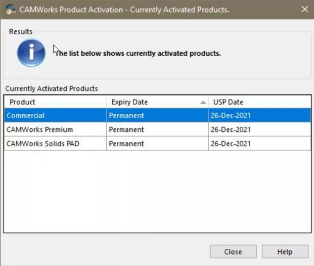 CAMWorks Product Activation - Currently Activated Products Dialog Box 