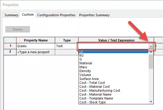 SOLIDWORKS Custom Property Dropdown List