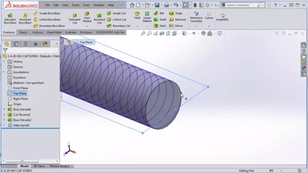 A custom helix for a thread in SOLIDWORKS.