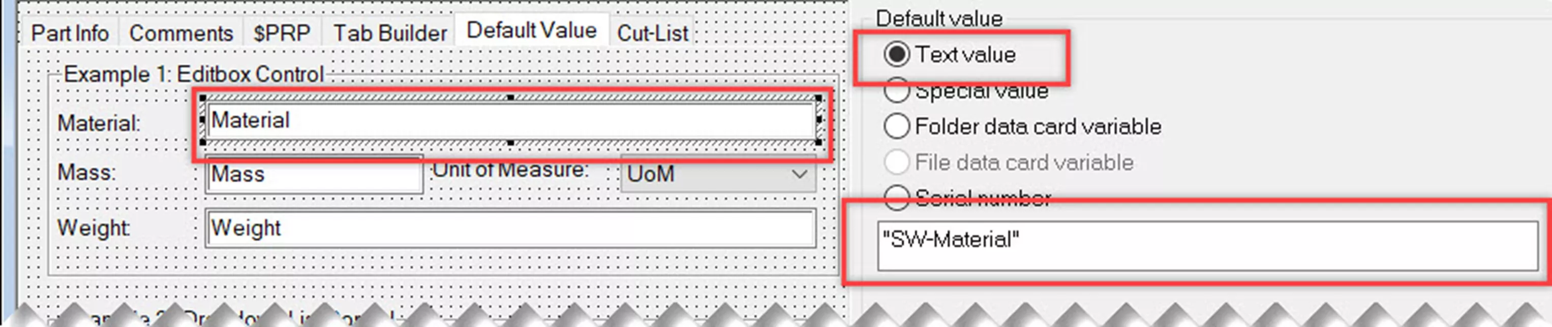 Example of Data Card Editor in SOLIDWORKS PDM 