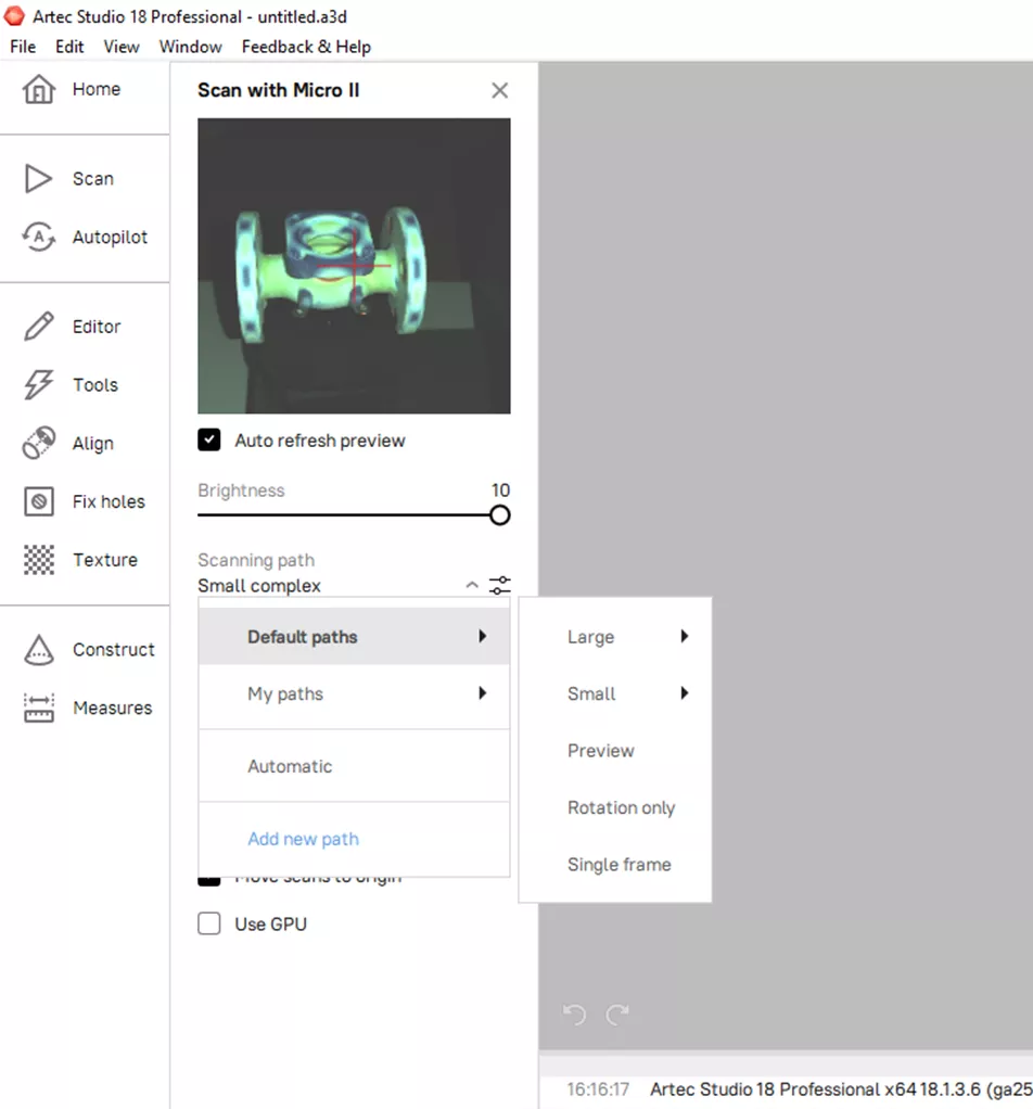 Default Scan Paths in Artec Studio 18 