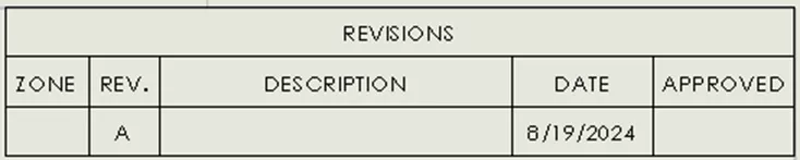 SOLIDWORKS default revision table immediately after adding the first revision