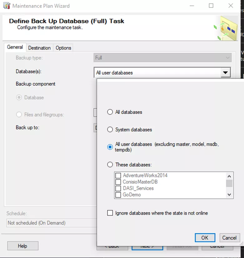 Define Back Up Database Full Task SOLIDWORKS Manage Maintenance Plan Wizard