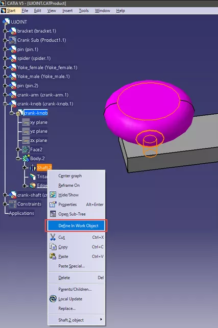 Define in Work Object Option in CATIA V5