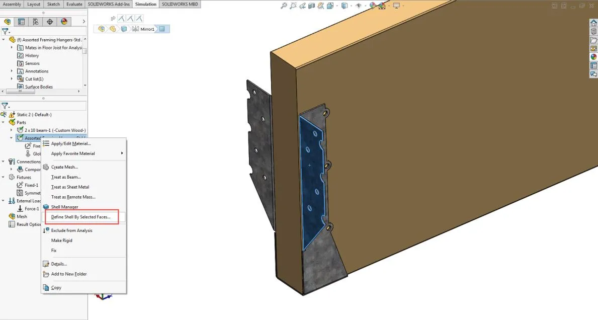 “Define Shell by Selected Faces” Command highlighted in SOLIDWORKS Simulation