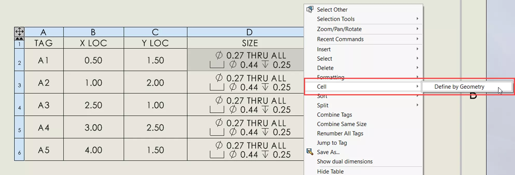 Define SOLIDWORKS Hole Wizard Column Size 